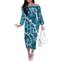 Hawaii Japanese Culture Blue Off The Shoulder Long Sleeve Dress Spring Cranes Aloha Pattern