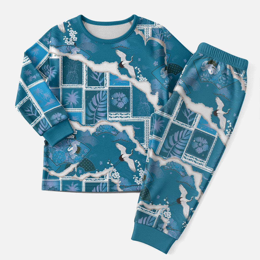 Hawaii Japanese Culture Blue Christmas Pajama Set Spring Cranes Aloha Pattern LT01 Men Blue - Polynesian Pride