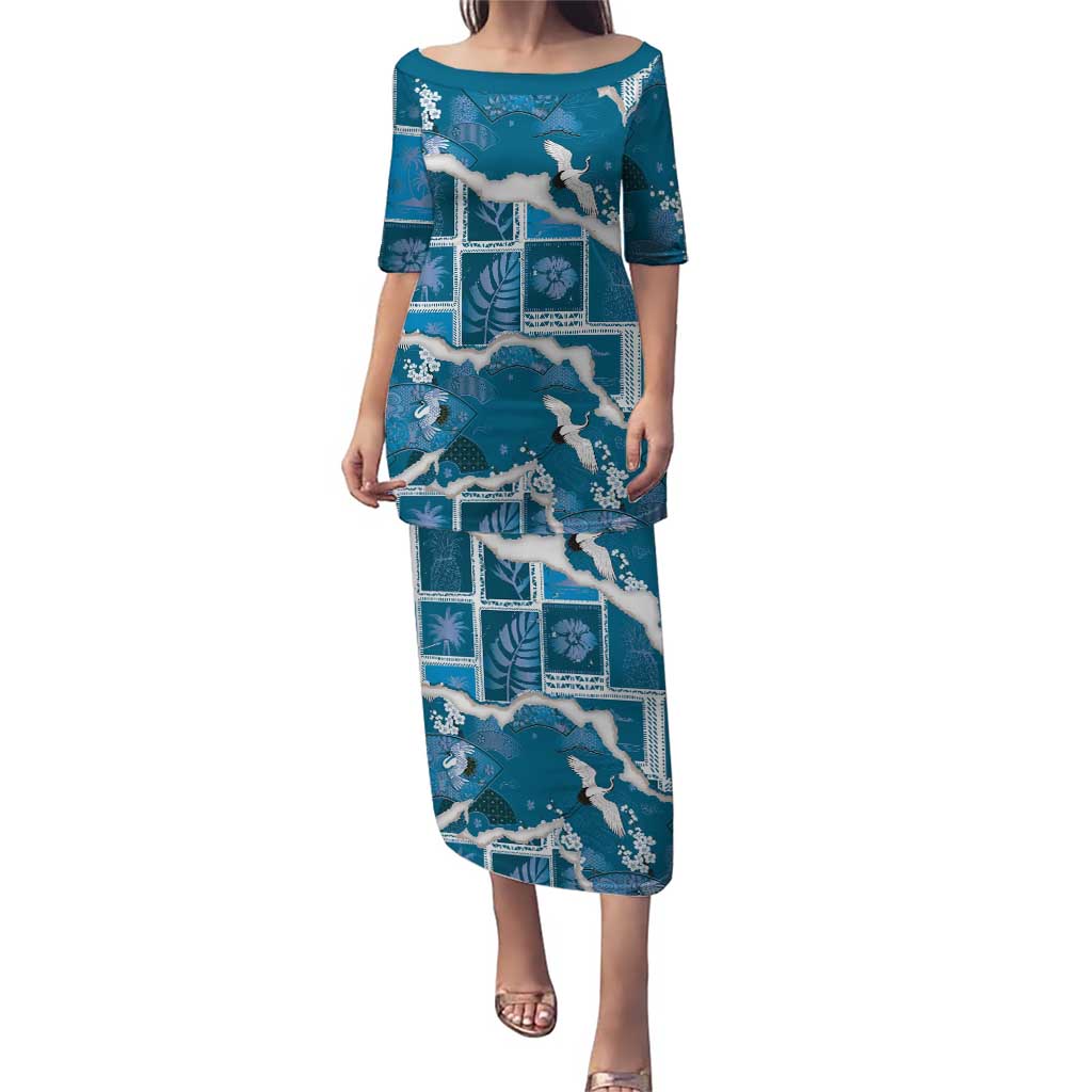 Hawaii Japanese Culture Blue Puletasi Spring Cranes Aloha Pattern