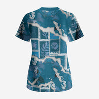 Hawaii Japanese Culture Blue Scrub Top Spring Cranes Aloha Pattern