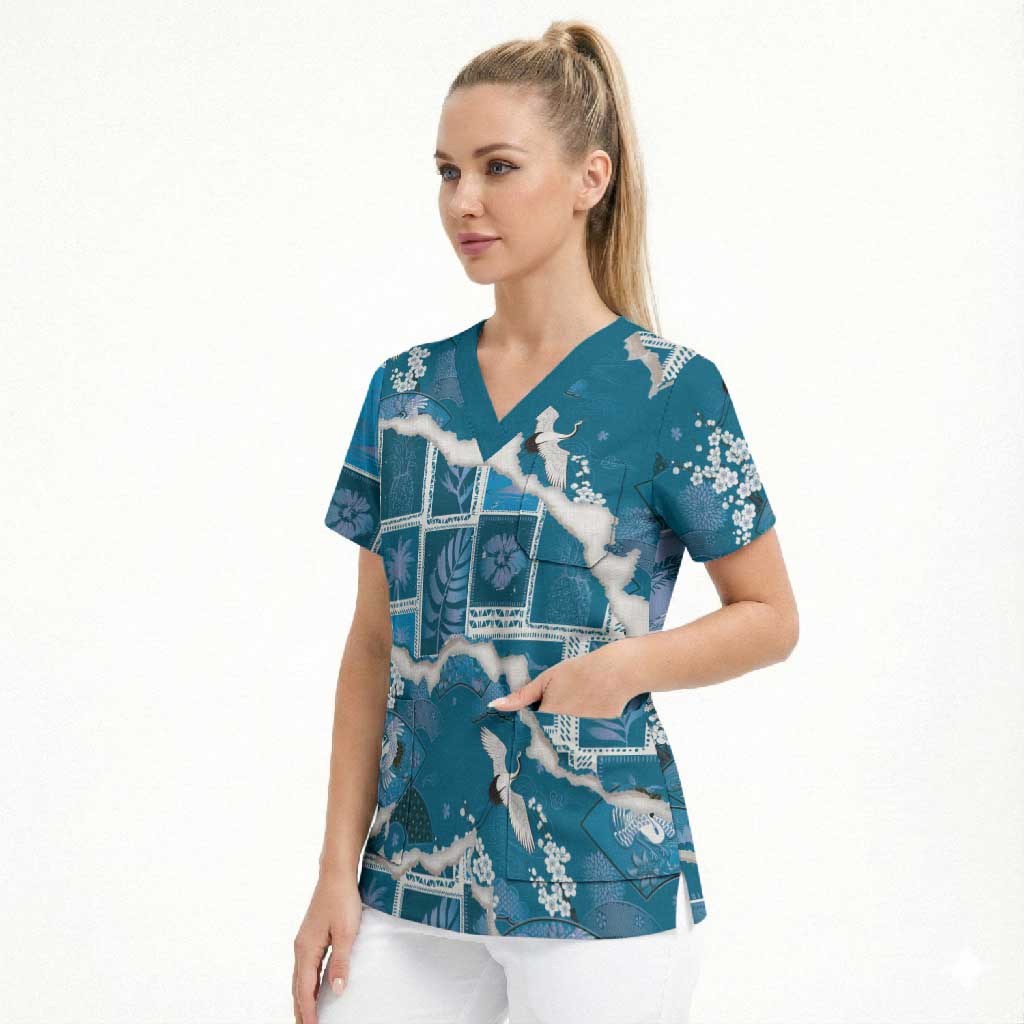 Hawaii Japanese Culture Blue Scrub Top Spring Cranes Aloha Pattern