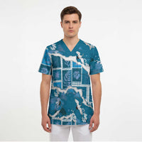 Hawaii Japanese Culture Blue Scrub Top Spring Cranes Aloha Pattern