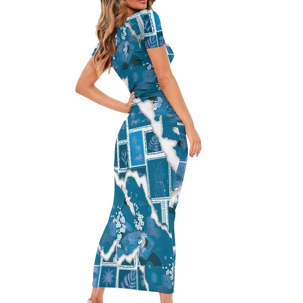 Hawaii Japanese Culture Blue Short Sleeve Bodycon Dress Spring Cranes Aloha Pattern