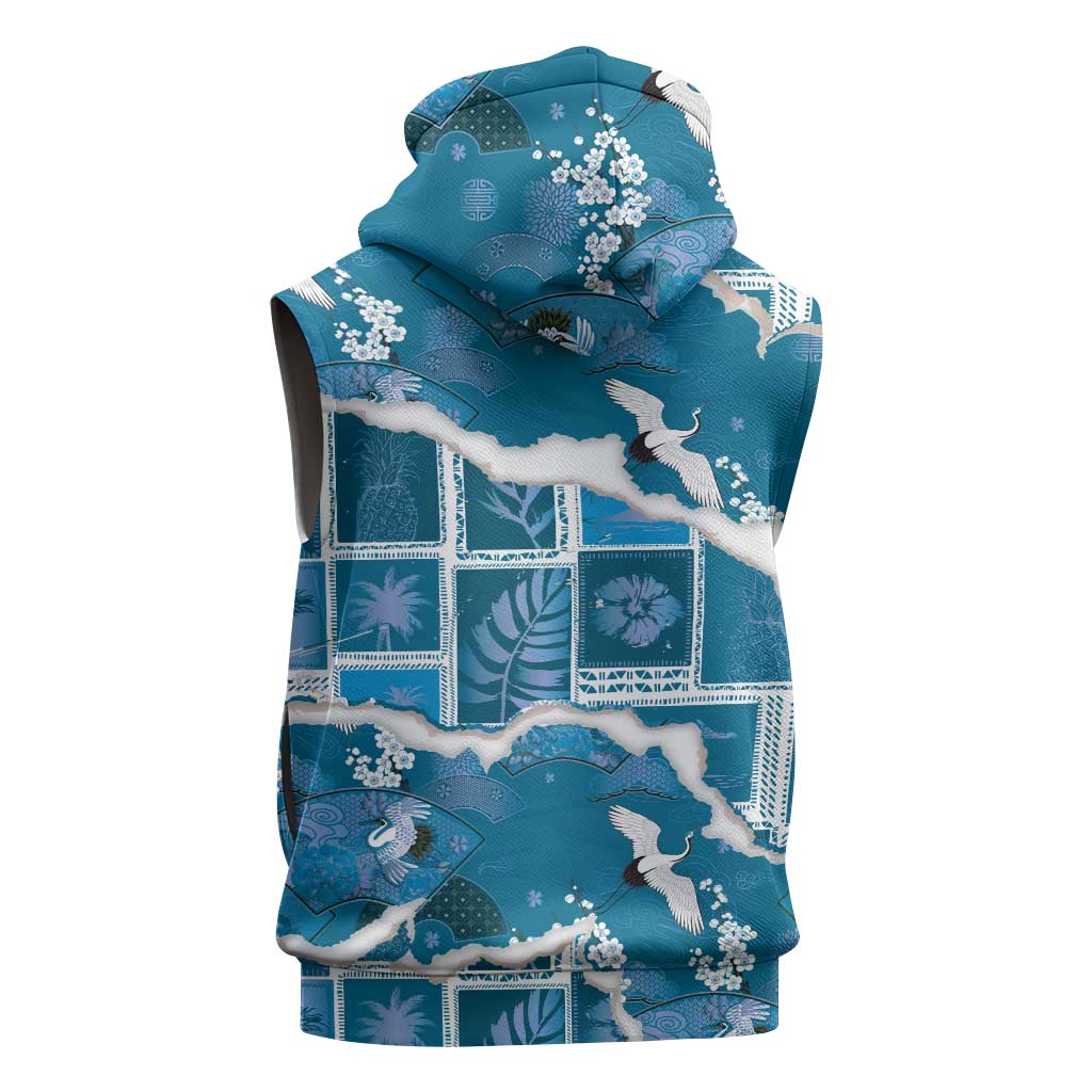 Hawaii Japanese Culture Blue Sleeveless Zip Hoodie Spring Cranes Aloha Pattern