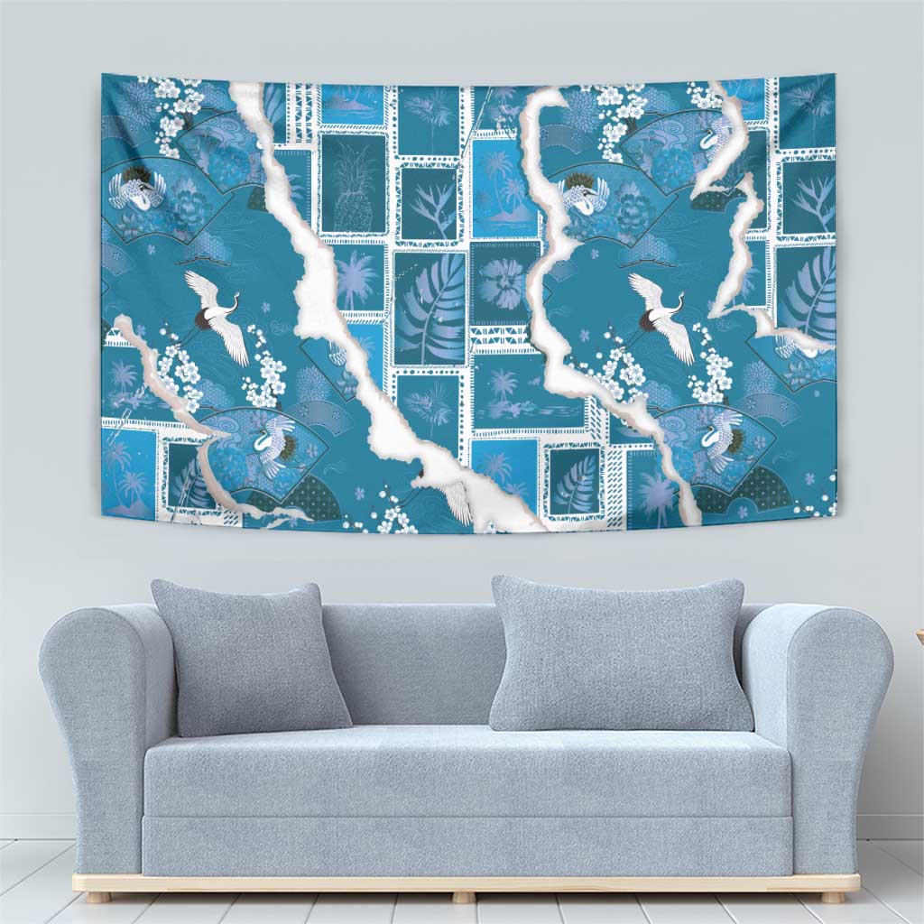 Hawaii Japanese Culture Blue Tapestry Spring Cranes Aloha Pattern