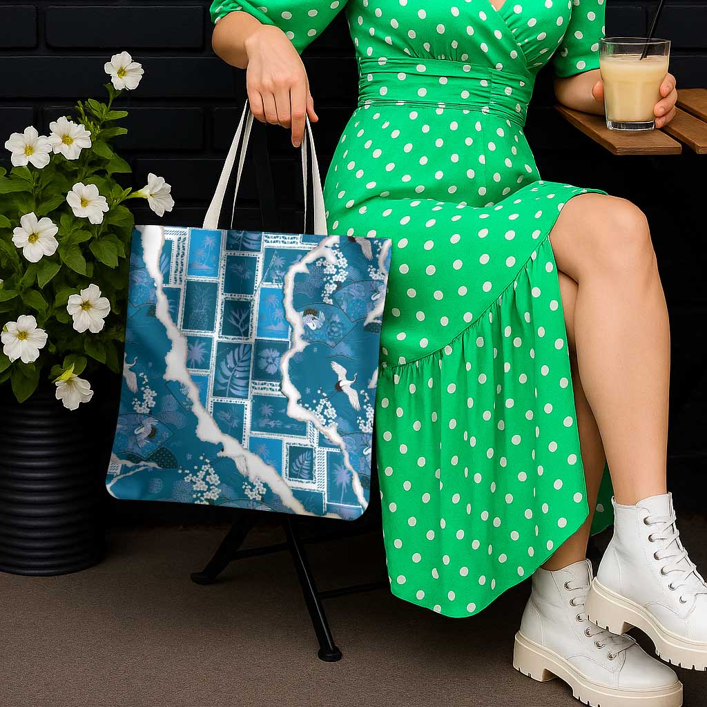 Hawaii Japanese Culture Blue Tote Bag Spring Cranes Aloha Pattern