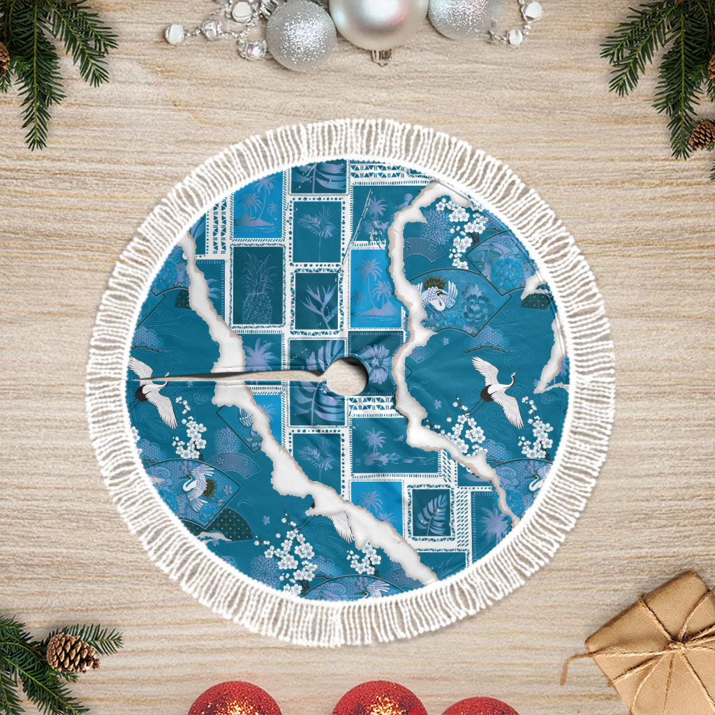 Hawaii Japanese Culture Blue Tree Skirt Spring Cranes Aloha Pattern LT01 Fringed Blue - Polynesian Pride