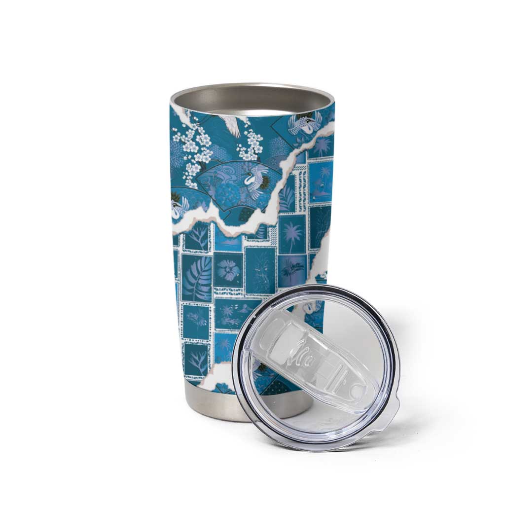 Hawaii Japanese Culture Blue Tumbler Cup Spring Cranes Aloha Pattern