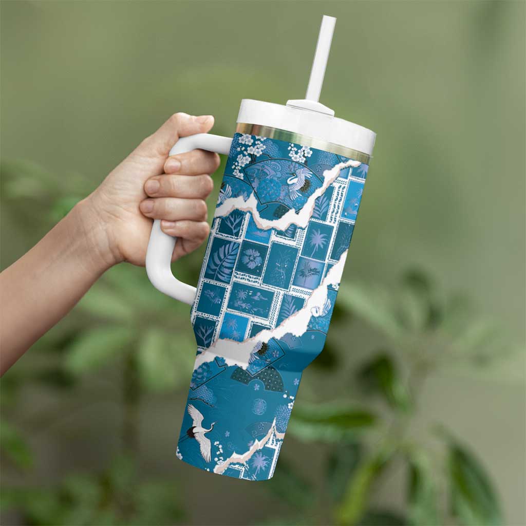Hawaii Japanese Culture Blue Tumbler With Handle Spring Cranes Aloha Pattern