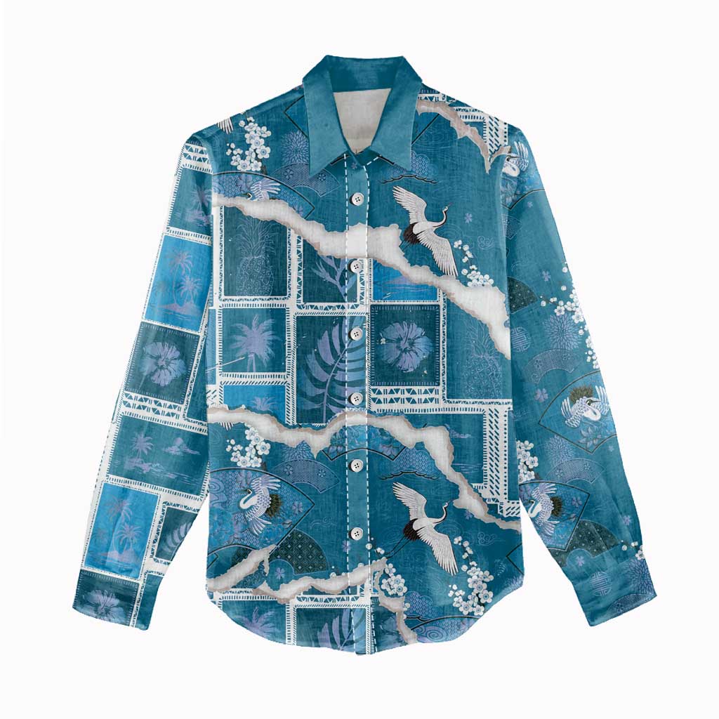 Hawaii Japanese Culture Blue Women Casual Shirt Spring Cranes Aloha Pattern