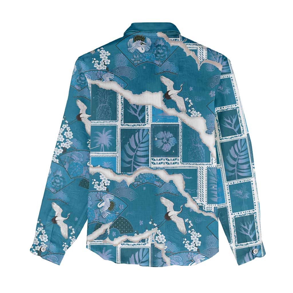 Hawaii Japanese Culture Blue Women Casual Shirt Spring Cranes Aloha Pattern