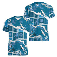 Hawaii Japanese Culture Blue Women V-Neck T-Shirt Spring Cranes Aloha Pattern