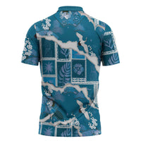 Hawaii Japanese Culture Blue Zipper Polo Shirt Spring Cranes Aloha Pattern