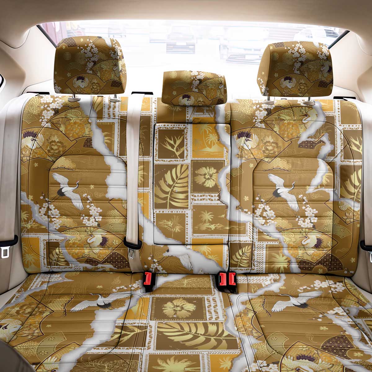 Hawaii Japanese Culture Gold Back Car Seat Cover Spring Cranes Aloha Pattern