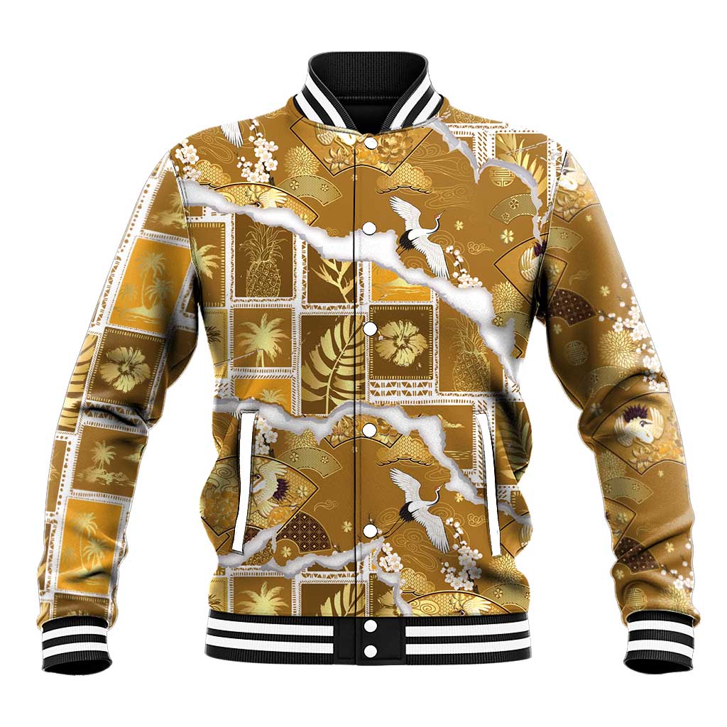 Hawaii Japanese Culture Gold Baseball Jacket Spring Cranes Aloha Pattern