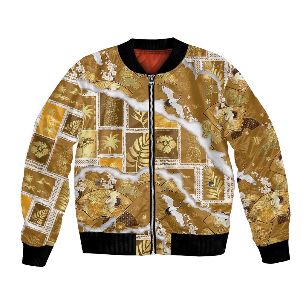 Hawaii Japanese Culture Gold Bomber Jacket Spring Cranes Aloha Pattern