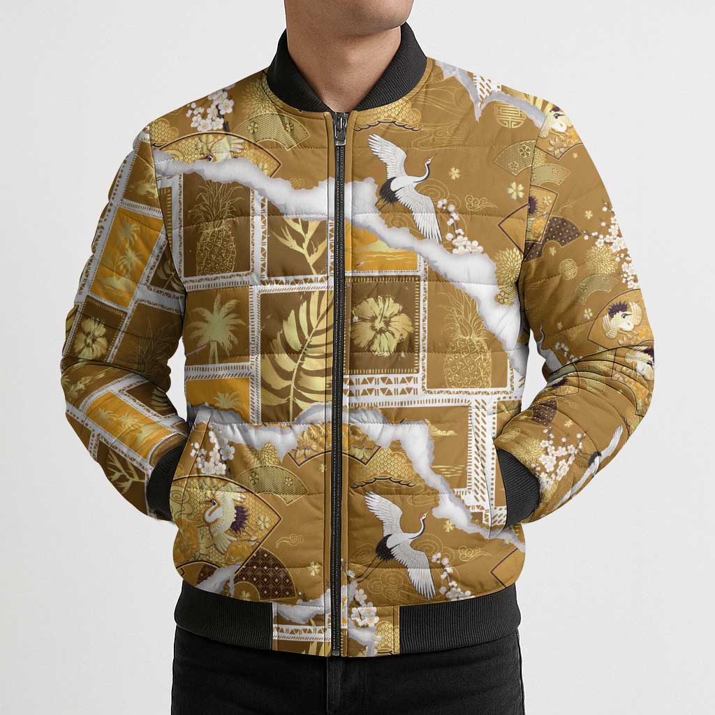 Hawaii Japanese Culture Gold Bomber Puffer Jacket Spring Cranes Aloha Pattern