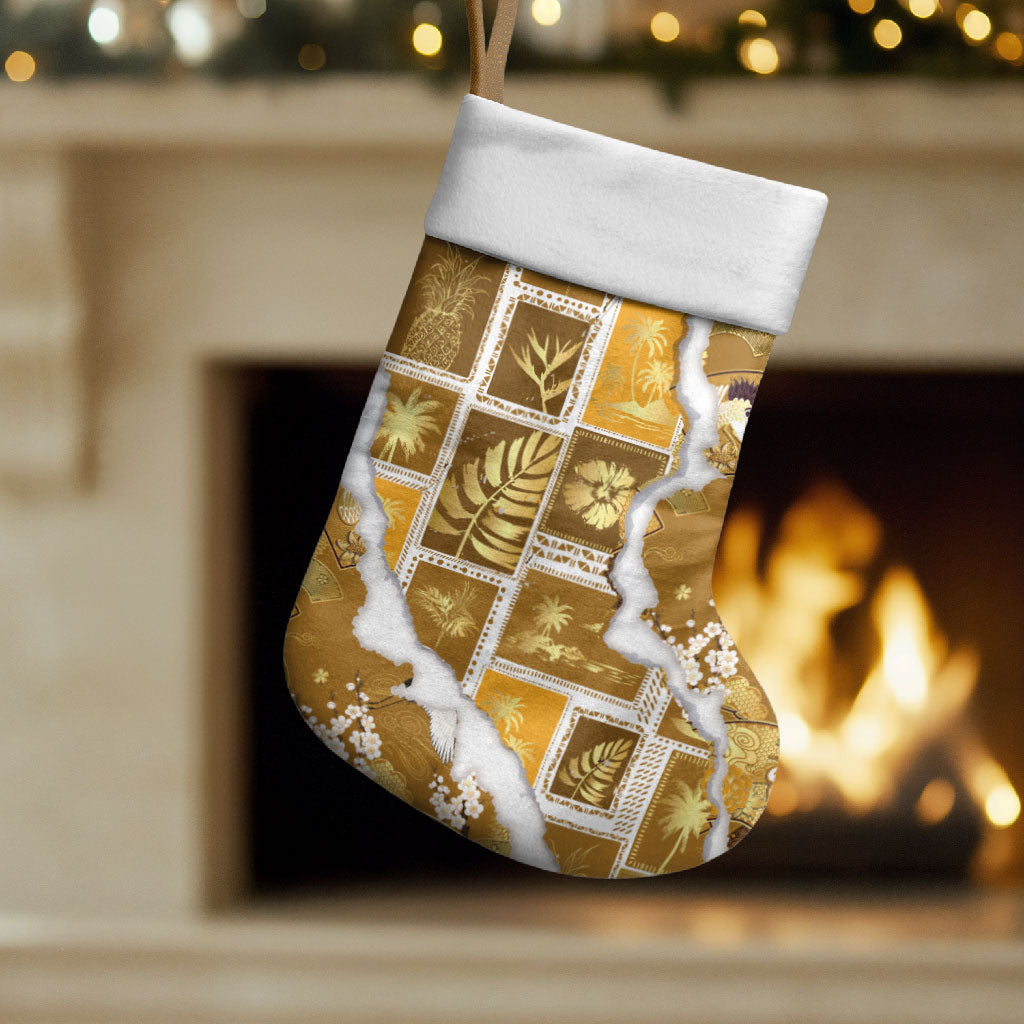 Hawaii Japanese Culture Gold Christmas Stocking Spring Cranes Aloha Pattern LT01 Set of 2 Gold - Polynesian Pride