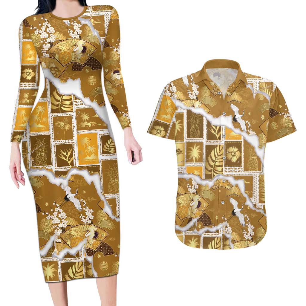 Hawaii Japanese Culture Gold Couples Matching Long Sleeve Bodycon Dress and Hawaiian Shirt Spring Cranes Aloha Pattern