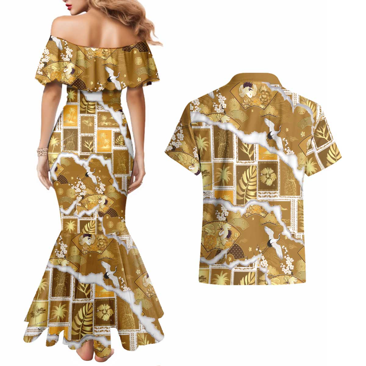 Hawaii Japanese Culture Gold Couples Matching Mermaid Dress and Hawaiian Shirt Spring Cranes Aloha Pattern
