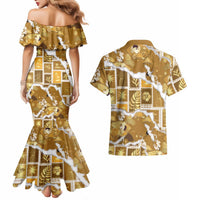 Hawaii Japanese Culture Gold Couples Matching Mermaid Dress and Hawaiian Shirt Spring Cranes Aloha Pattern