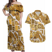 Hawaii Japanese Culture Gold Couples Matching Off Shoulder Maxi Dress and Hawaiian Shirt Spring Cranes Aloha Pattern