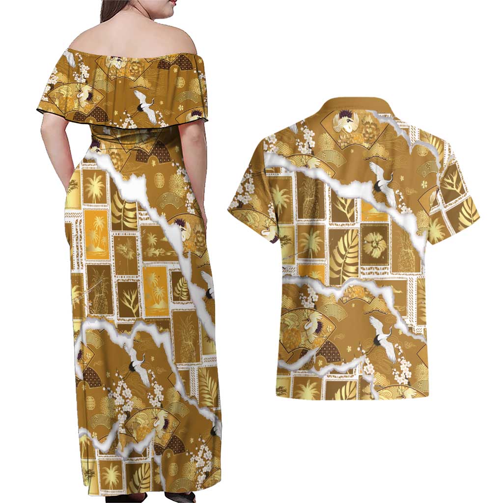 Hawaii Japanese Culture Gold Couples Matching Off Shoulder Maxi Dress and Hawaiian Shirt Spring Cranes Aloha Pattern