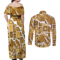 Hawaii Japanese Culture Gold Couples Matching Off Shoulder Maxi Dress and Long Sleeve Button Shirt Spring Cranes Aloha Pattern