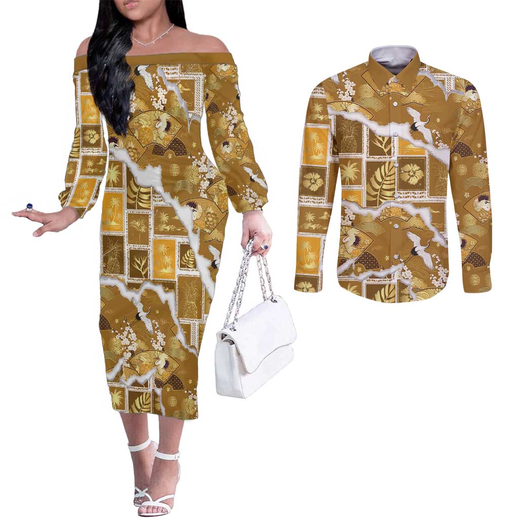 Hawaii Japanese Culture Gold Couples Matching Off The Shoulder Long Sleeve Dress and Long Sleeve Button Shirt Spring Cranes Aloha Pattern