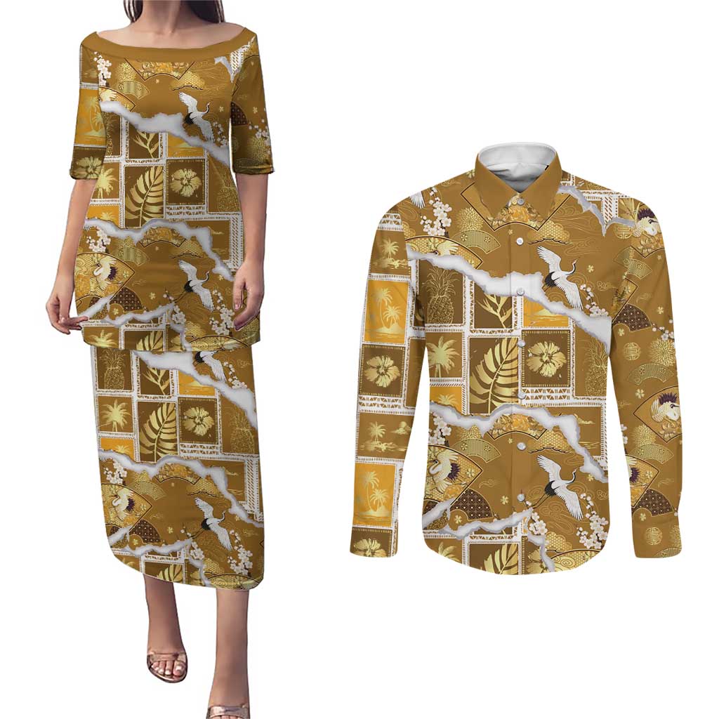 Hawaii Japanese Culture Gold Couples Matching Puletasi and Long Sleeve Button Shirt Spring Cranes Aloha Pattern