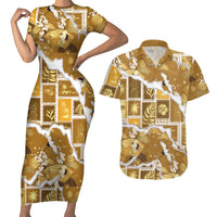 Hawaii Japanese Culture Gold Couples Matching Short Sleeve Bodycon Dress and Hawaiian Shirt Spring Cranes Aloha Pattern