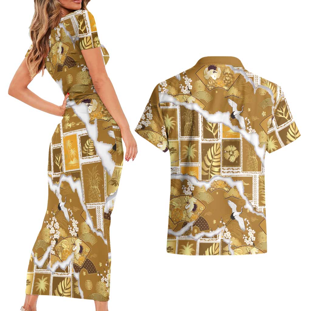 Hawaii Japanese Culture Gold Couples Matching Short Sleeve Bodycon Dress and Hawaiian Shirt Spring Cranes Aloha Pattern