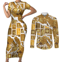 Hawaii Japanese Culture Gold Couples Matching Short Sleeve Bodycon Dress and Long Sleeve Button Shirt Spring Cranes Aloha Pattern