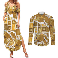 Hawaii Japanese Culture Gold Couples Matching Summer Maxi Dress and Long Sleeve Button Shirt Spring Cranes Aloha Pattern