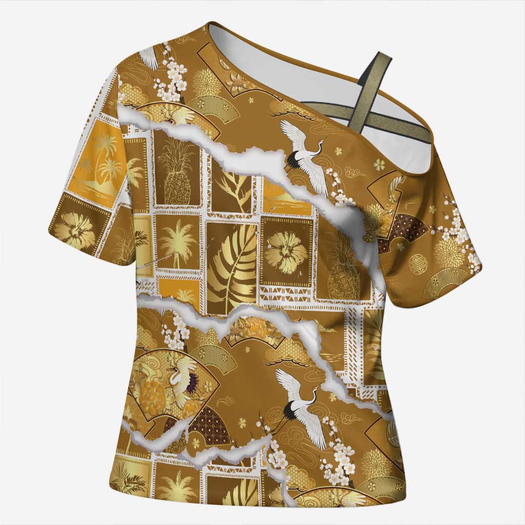 Hawaii Japanese Culture Gold Cross Shoulder Shirt Spring Cranes Aloha Pattern