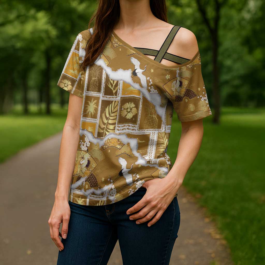 Hawaii Japanese Culture Gold Cross Shoulder Shirt Spring Cranes Aloha Pattern