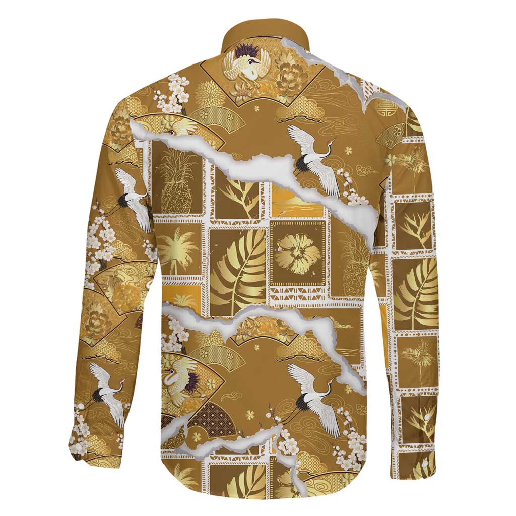 Hawaii Japanese Culture Gold Family Matching Long Sleeve Bodycon Dress and Hawaiian Shirt Spring Cranes Aloha Pattern LT01 - Polynesian Pride