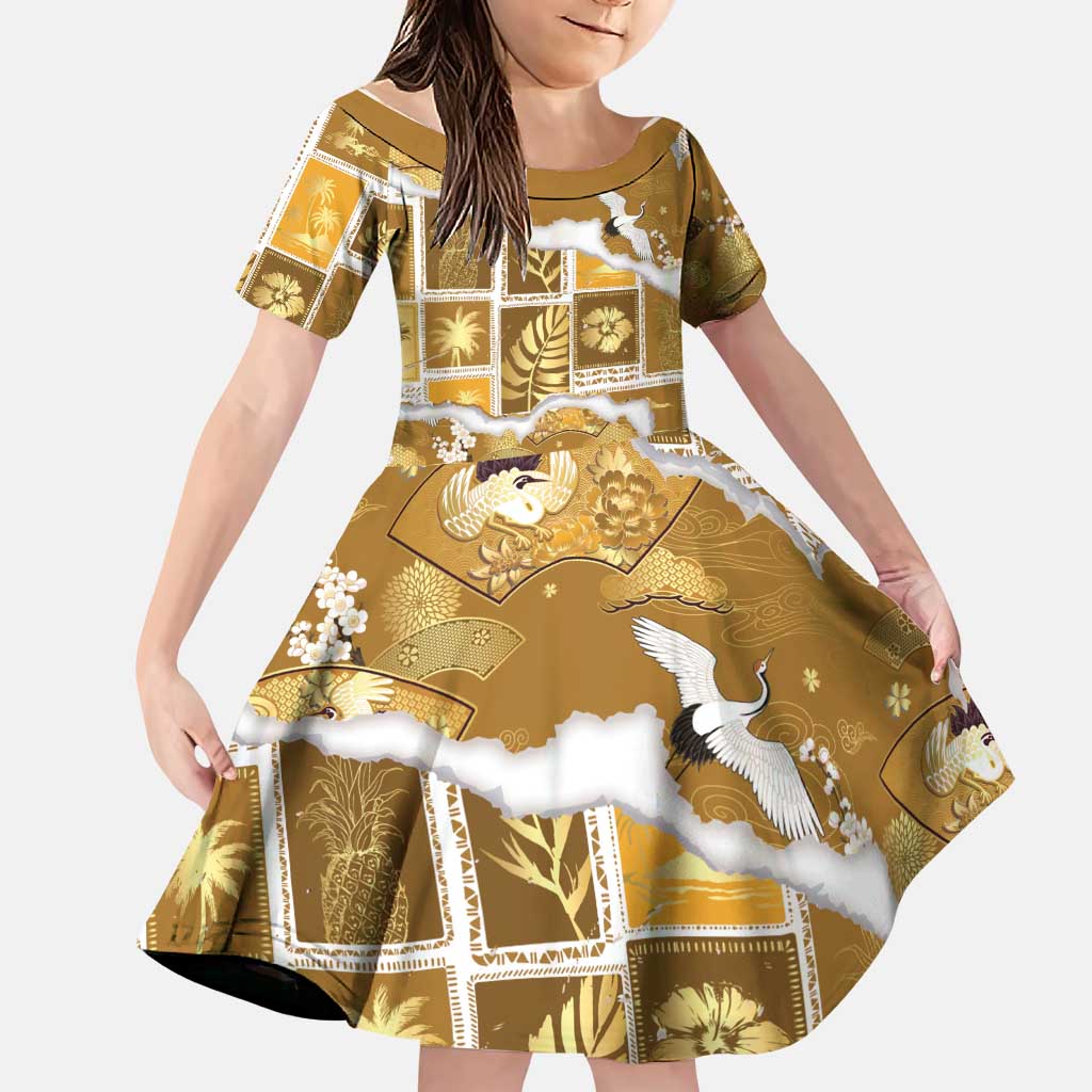 Hawaii Japanese Culture Gold Family Matching Mermaid Dress and Hawaiian Shirt Spring Cranes Aloha Pattern LT01 Daughter's Dress Gold - Polynesian Pride