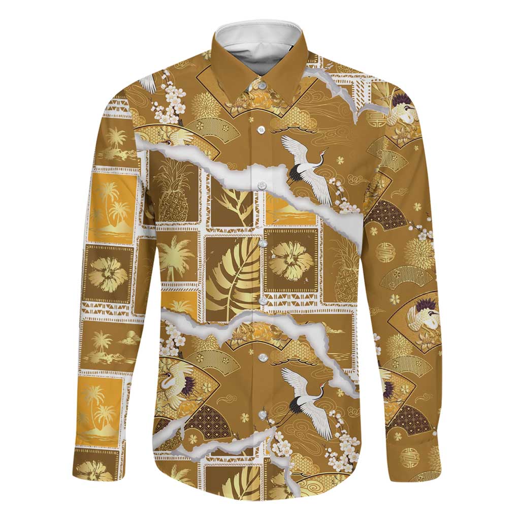 Hawaii Japanese Culture Gold Family Matching Mermaid Dress and Hawaiian Shirt Spring Cranes Aloha Pattern LT01 Dad's Shirt - Long Sleeve Gold - Polynesian Pride