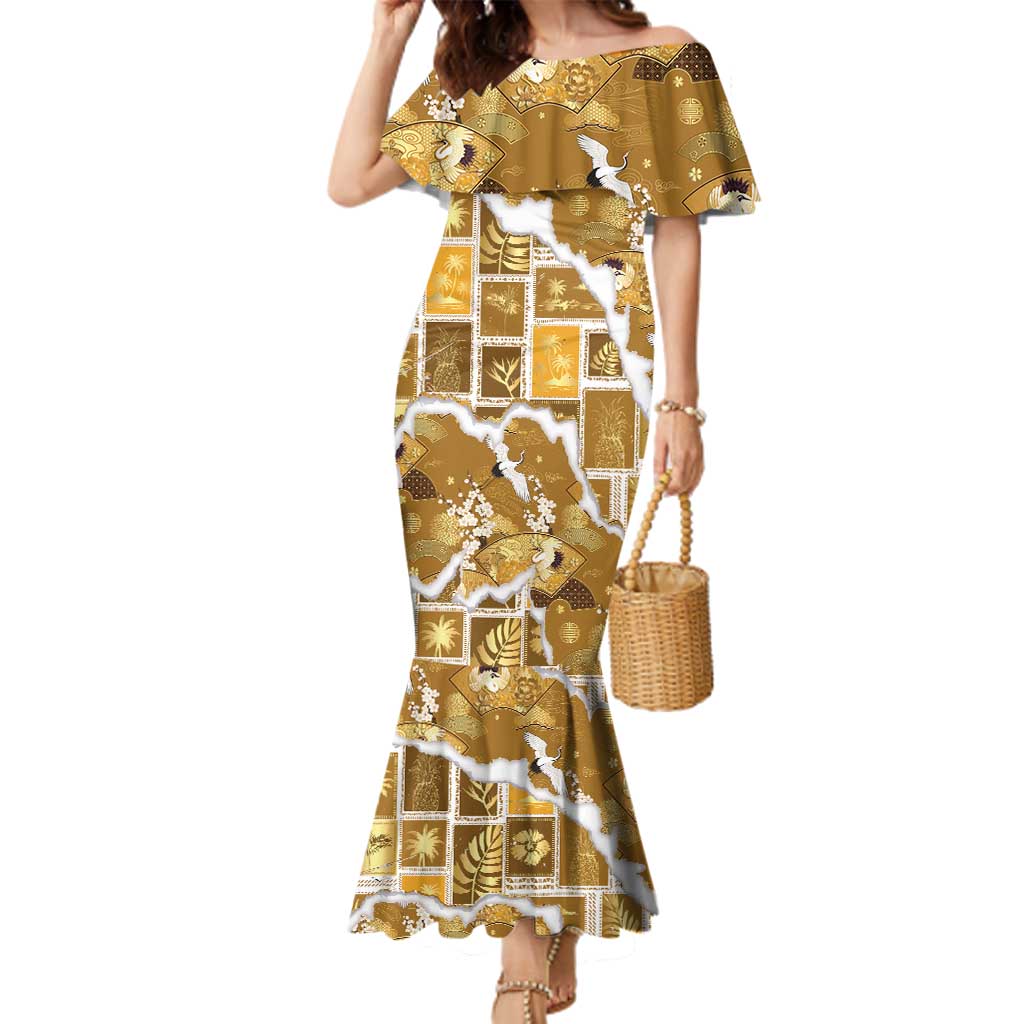 Hawaii Japanese Culture Gold Family Matching Mermaid Dress and Hawaiian Shirt Spring Cranes Aloha Pattern LT01 Mom's Dress Gold - Polynesian Pride