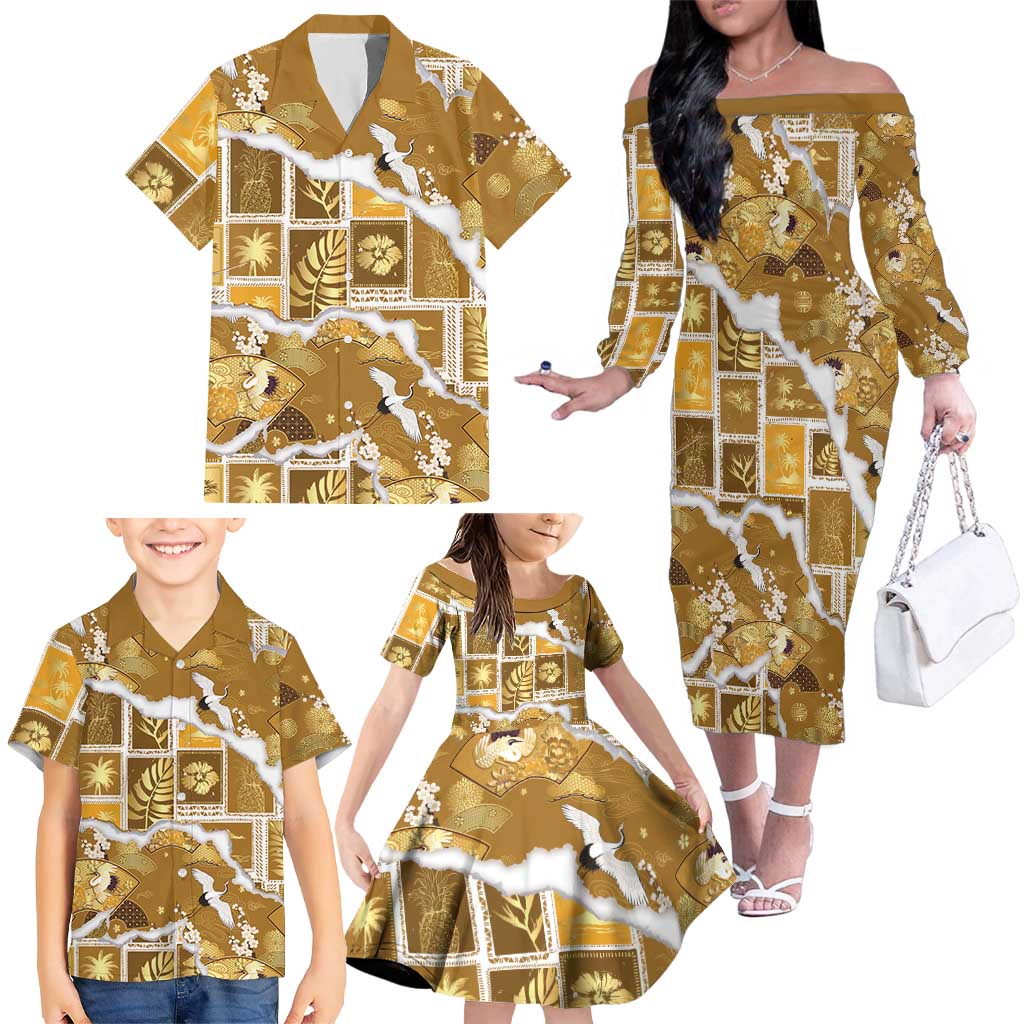 Hawaii Japanese Culture Gold Family Matching Off The Shoulder Long Sleeve Dress and Hawaiian Shirt Spring Cranes Aloha Pattern LT01 - Polynesian Pride