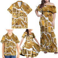 Hawaii Japanese Culture Gold Family Matching Off Shoulder Maxi Dress and Hawaiian Shirt Spring Cranes Aloha Pattern