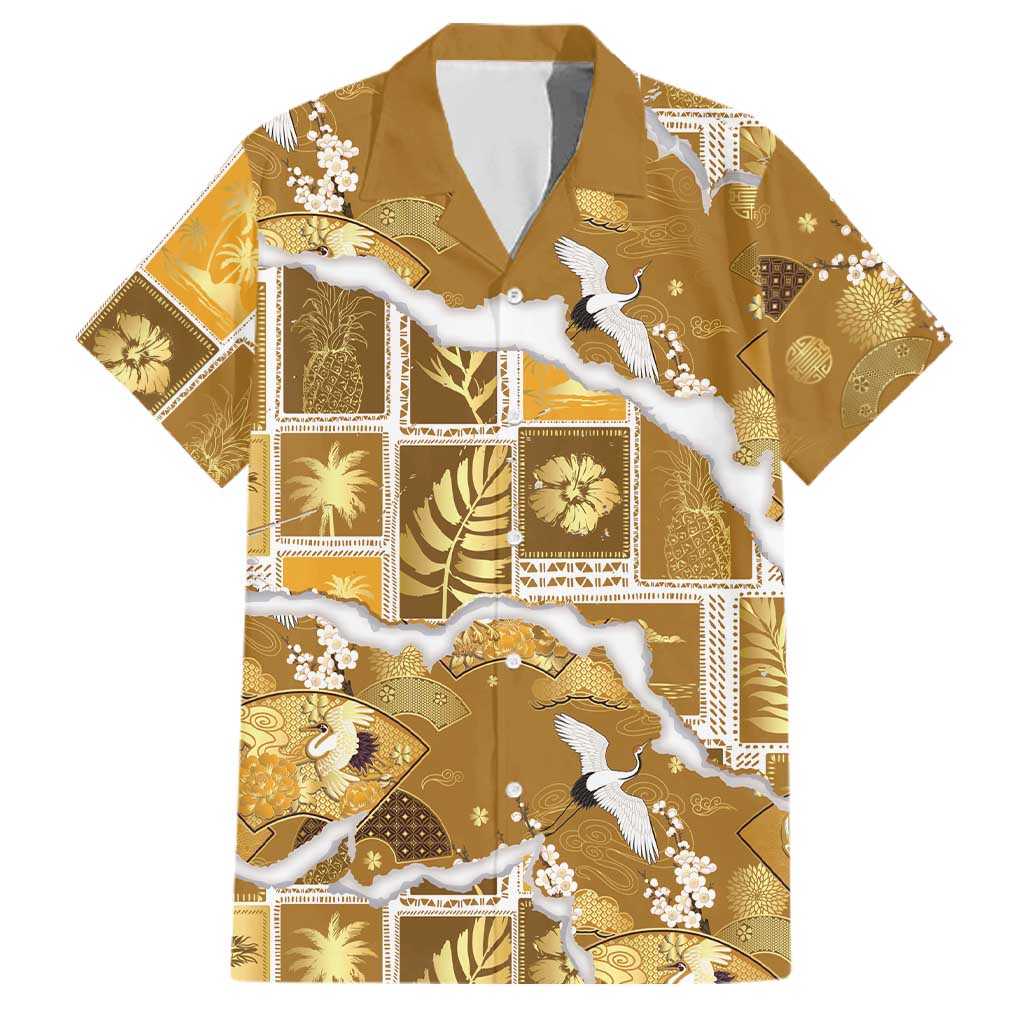 Hawaii Japanese Culture Gold Family Matching Off Shoulder Maxi Dress and Hawaiian Shirt Spring Cranes Aloha Pattern