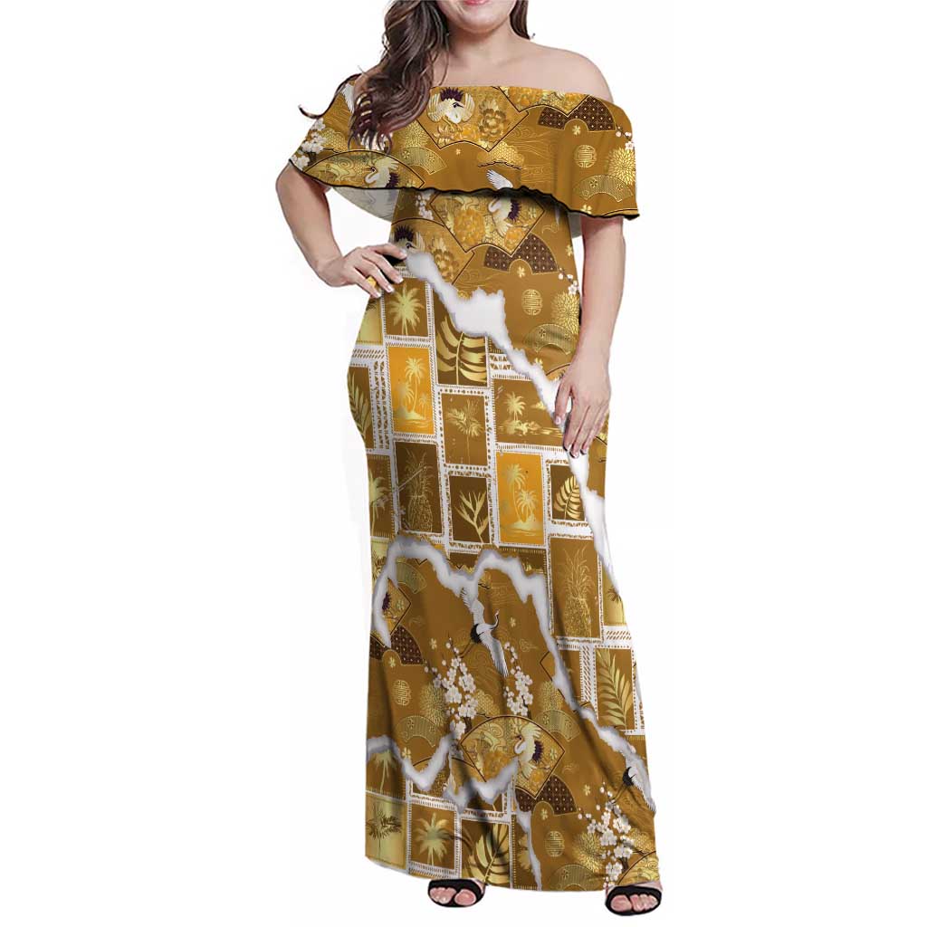 Hawaii Japanese Culture Gold Family Matching Off Shoulder Maxi Dress and Hawaiian Shirt Spring Cranes Aloha Pattern