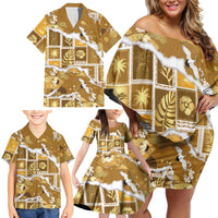 Hawaii Japanese Culture Gold Family Matching Off Shoulder Short Dress and Hawaiian Shirt Spring Cranes Aloha Pattern LT01 - Polynesian Pride