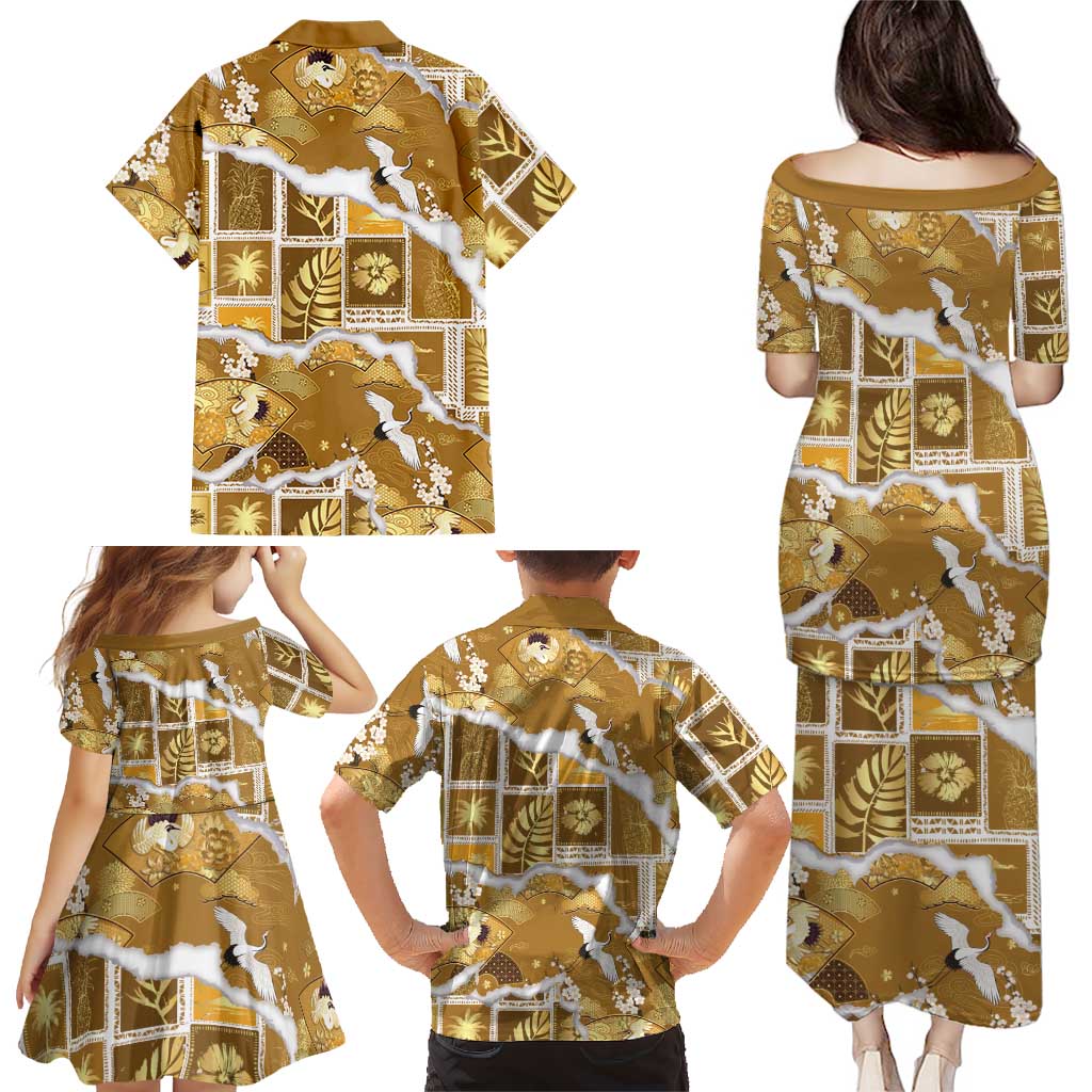Hawaii Japanese Culture Gold Family Matching Puletasi and Hawaiian Shirt Spring Cranes Aloha Pattern