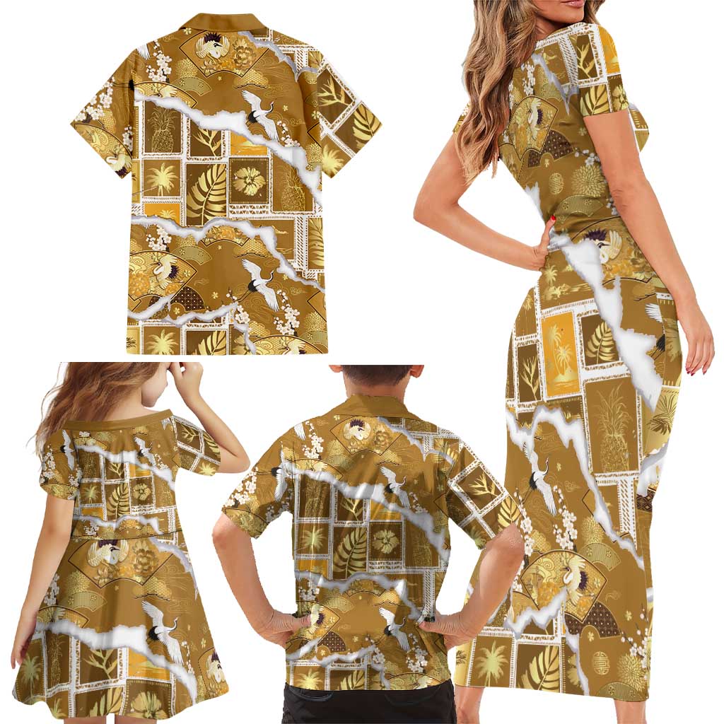 Hawaii Japanese Culture Gold Family Matching Short Sleeve Bodycon Dress and Hawaiian Shirt Spring Cranes Aloha Pattern LT01 - Polynesian Pride