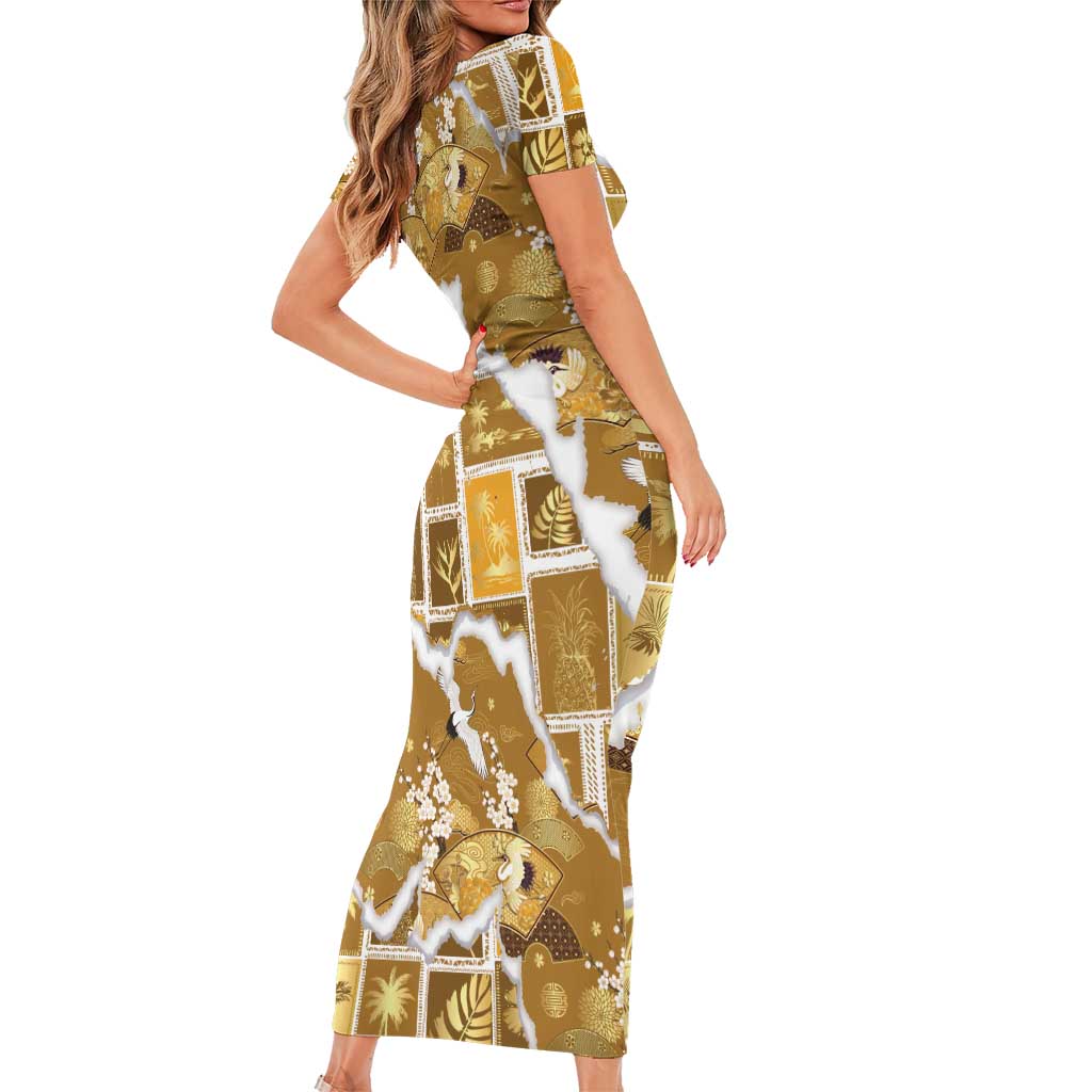 Hawaii Japanese Culture Gold Family Matching Short Sleeve Bodycon Dress and Hawaiian Shirt Spring Cranes Aloha Pattern LT01 - Polynesian Pride
