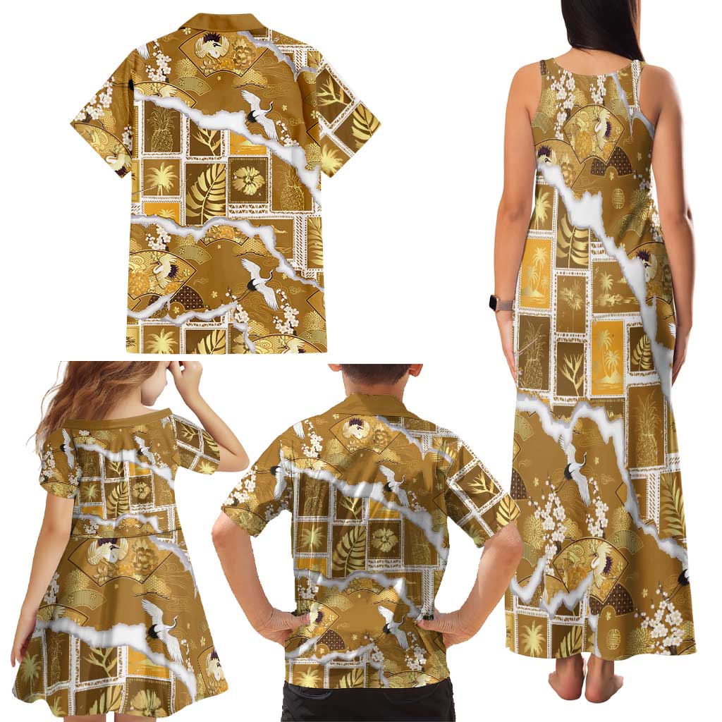 Hawaii Japanese Culture Gold Family Matching Tank Maxi Dress and Hawaiian Shirt Spring Cranes Aloha Pattern LT01 - Polynesian Pride