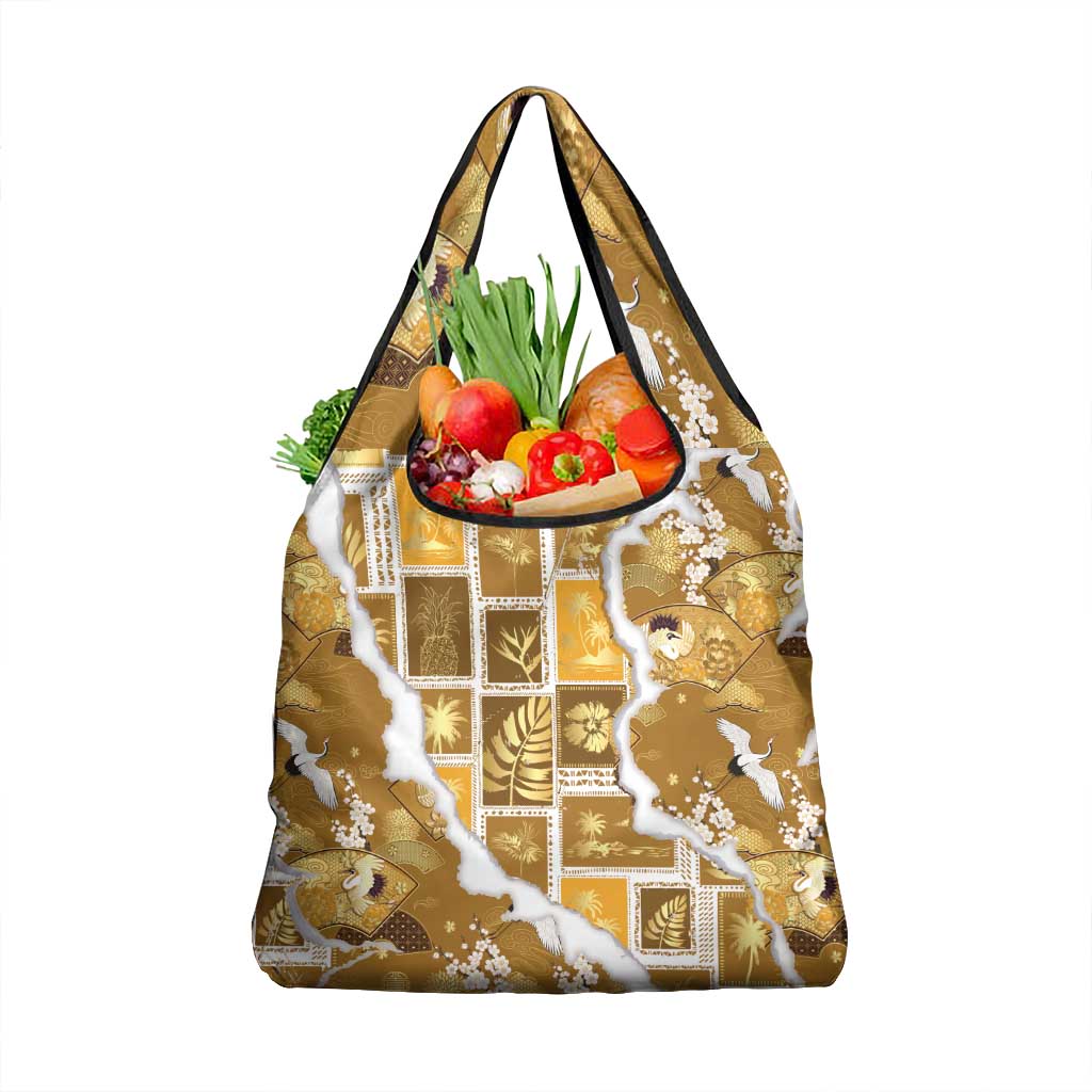 Hawaii Japanese Culture Gold Grocery Bag Spring Cranes Aloha Pattern